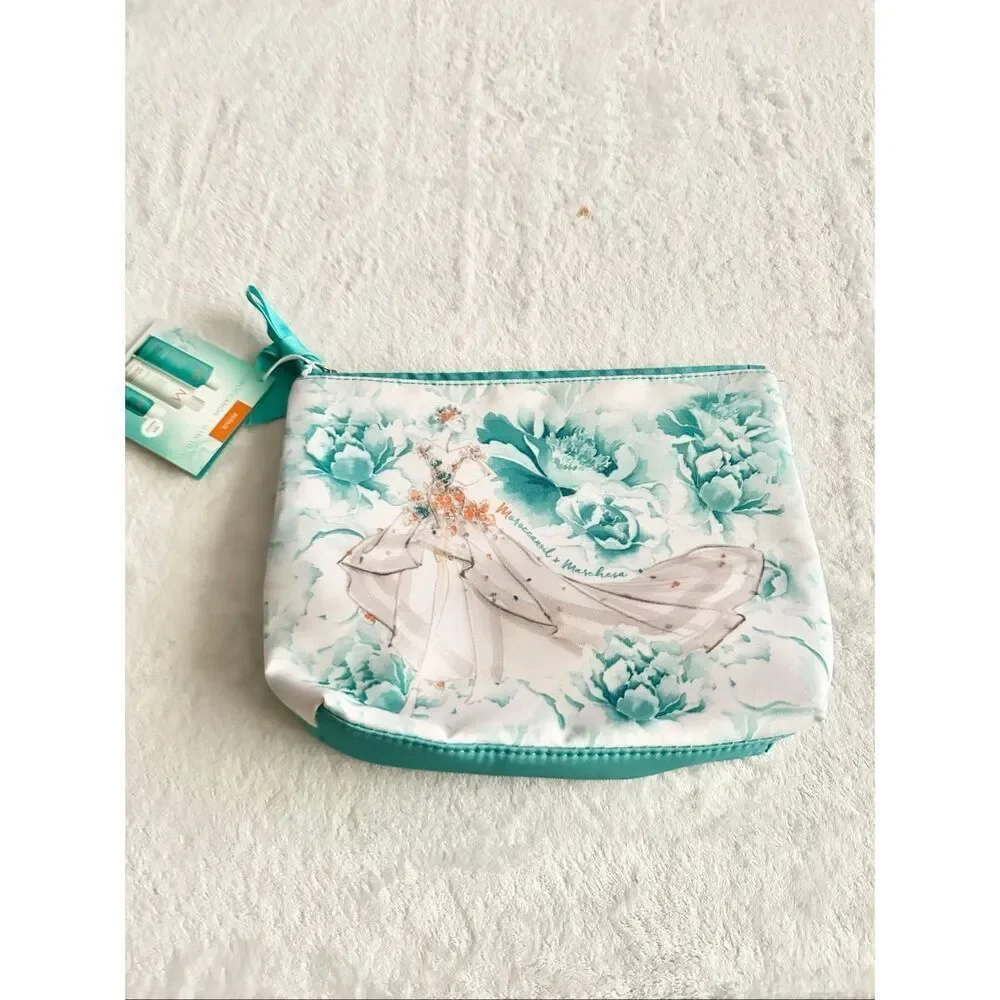 Moroccan oil bride illustration cosmetics bag with turquoise, white, and orange